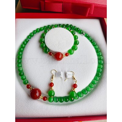 Ожерелья и браслеты из круглых бусин «кошачий глаз» и серьги-подвески WGE6446-09-1