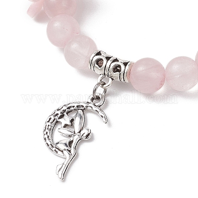 Браслеты с подвесками из натурального розового кварца с круглыми бусинами BJEW-TA00615-03-1