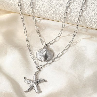 Двухслойные ожерелья в стиле бохо из нержавеющей стали 304 в форме морской звезды и ракушки для женщин NJEW-F343-01P-1