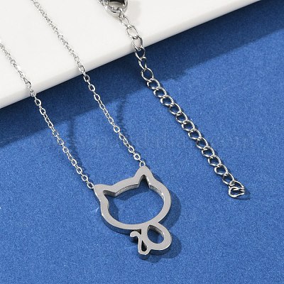 Ожерелья с подвеской в виде контура кошки из нержавеющей стали 304 для женщин NJEW-F339-03P-1