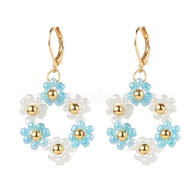 Плетеные серьги с подвесками в форме цветка из стекла EJEW-JE04998-1