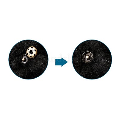Pom pom moelleux couture boutons-pression accessoires, boutons pression,  boule de cheveux fausse fourrure, noir, pompon : 100mm, boutons: 18mm