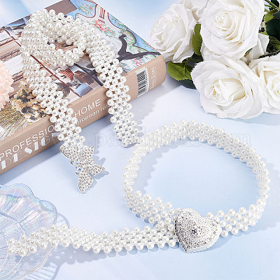 CRASPIRE Pearl Waist Belts for Women 2pcs Elastic Pearl Belts Wedding Sash Belt White Fashion Butterfly & Heart Buckle with