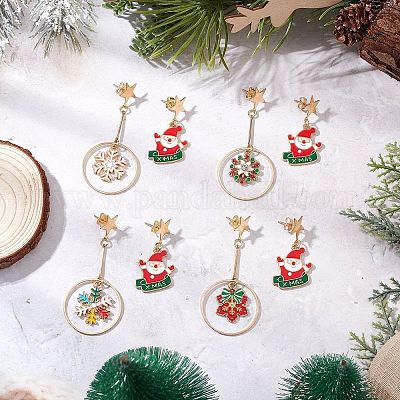 4 пара серег-гвоздиков с подвесками из сплава и эмали в рождественском стиле EJEW-JE06561-1