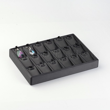 木製のネックレスプレゼンテーションボックス  PUレザーで覆われた  18グリッドスタッカブルペンダントネックレスディスプレイトレイ  長方形  ブラック  18x25x3.2cm NDIS-O006-03-1