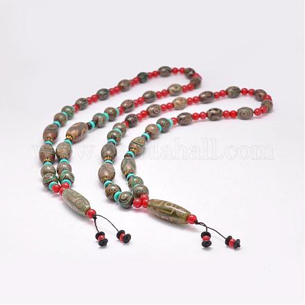 Colliers avec perles en agate tibétaine naturelle à bijoux bouddhistes NJEW-F131-26-1