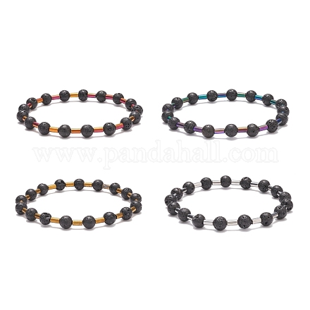 Stretch-Armband mit runden Perlen aus natürlichem Lavagestein und Glassäulen BJEW-JB08623-1
