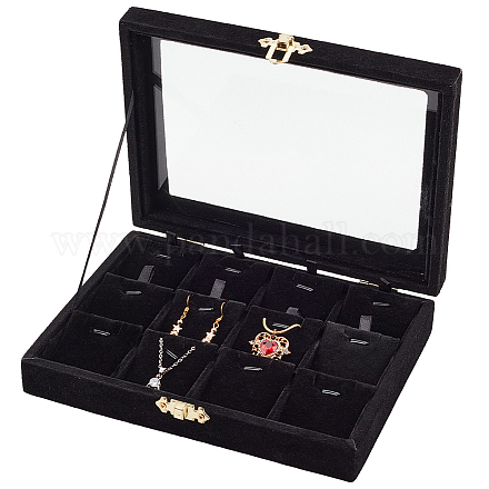 Ph pandahall velluto 12 griglia portagioie organizzatore di gioielli vassoio con serratura vassoio di gioielli in legno con coperchio trasparente scatola di gioielli per donne anelli orecchini collane bracciali 8x6x1.7 pollici /20x15x4 cm CON-WH0095-18-1