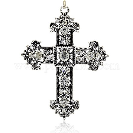 Antique Silver Plated Alloy Rhinestone Cross Pendants RB-J205-01AS-1