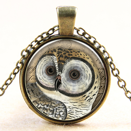 Owl Pattern Flat Round Glass Pendant Necklaces NJEW-N0051-055E-01-1