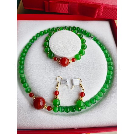 Ожерелья и браслеты из круглых бусин «кошачий глаз» и серьги-подвески WGE6446-09-1