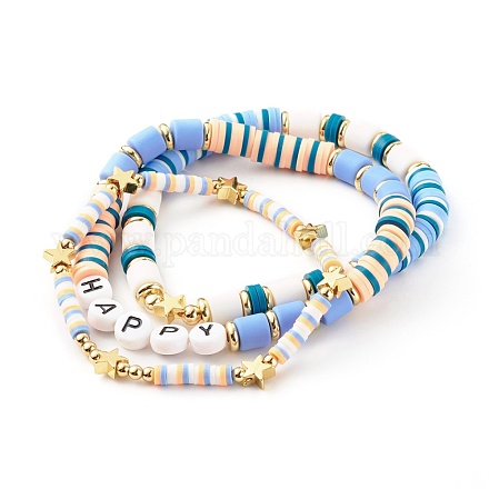 NBEADS Polymer Clay Heishi Beads Stretch Bracelets, with Acrylic Enamel Heart Beads and Brass Beads, Light Sky Blue, Inner Diameter: 2-1/4