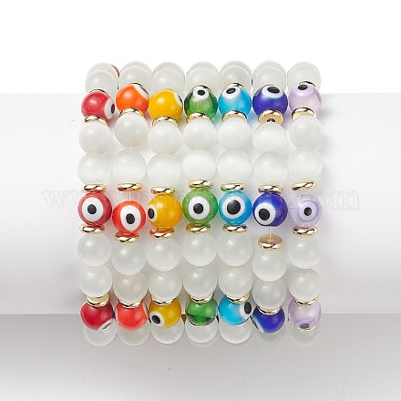 7 Uds. Pulseras elásticas con cuentas redondas de ojo de gato y murano de 7 colores BJEW-JB08880-1