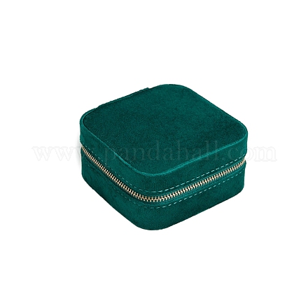 ベルベットジュエリーオーガナイザージッパーボックス  リング用のポータブルトラベルジュエリーケース  正方形  濃い緑  10x10x5cm PW-WG70962-04-1