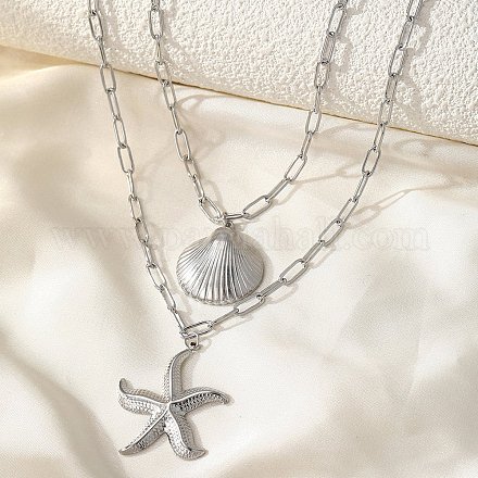 Двухслойные ожерелья в стиле бохо из нержавеющей стали 304 в форме морской звезды и ракушки для женщин NJEW-F343-01P-1
