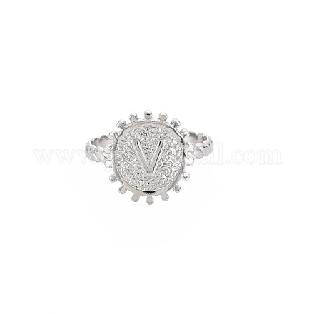 304 anillo redondo plano de acero inoxidable con letra inicial abierta para hombres y mujeres RJEW-S405-246P-V-1