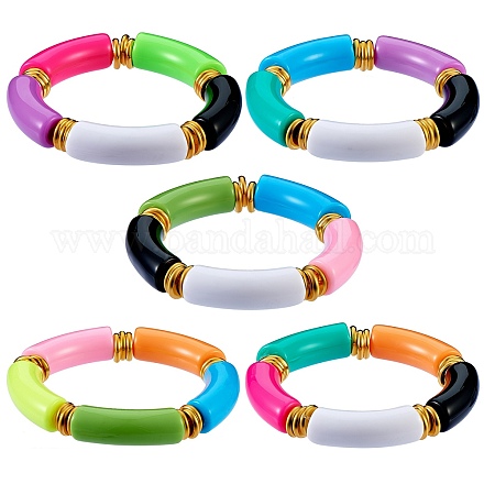 Set di braccialetti elastici con perline acriliche a tubo curvo color caramello per le donne BJEW-SW00015-1