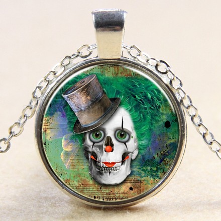 Clown/Jester Skull Pattern Flat Round Glass Pendant Necklaces NJEW-N0051-005M-02-1