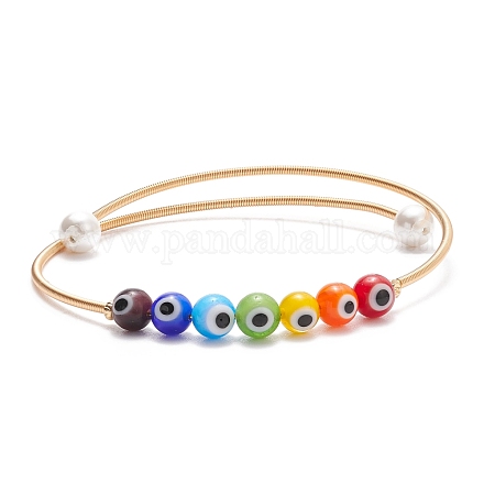 Lampwork Round with Evil Eye Beaded Cuff Bangle with Pearl BJEW-JB08328-1