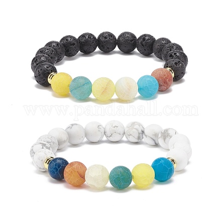 2Pcs 2 Style Natural Weathered Agate(Dyed) & Lava Rock & Synthetic Howlite Round Beaded Stretch Bracelets Set BJEW-JB08399-1