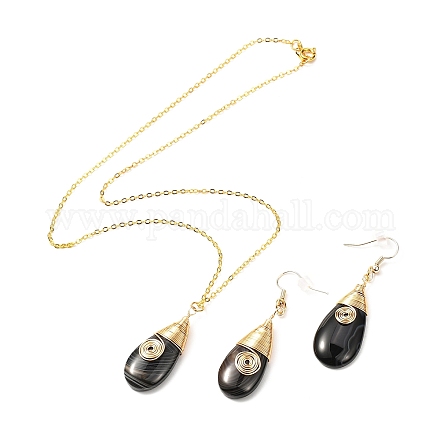 Collana e orecchini pendenti in agata nera naturale a forma di goccia avvolta in filo di ottone SJEW-JS01219-1