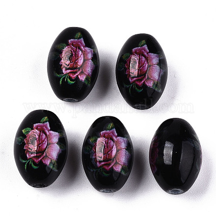 印刷およびスプレー塗装された不透明なガラスビーズ  花柄のオーバル  ブラック  15x10mm  穴：1.6mm X-GLAA-S047-07B-A02-1