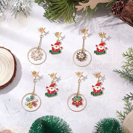 4 пара серег-гвоздиков с подвесками из сплава и эмали в рождественском стиле EJEW-JE06561-1