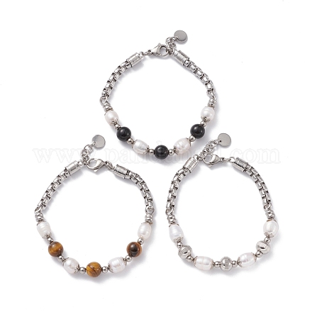 Pulsera redonda de piedras preciosas mixtas y perlas naturales para niñas y mujeres. BJEW-F418-07-1