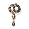 Rhinestone Snake Aolly Brooch with Enamel, Antique Silver, Black, 62x32mm