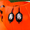 Alloy Glass Dangle Earrings, Black, Oval with Bird Pattern, Light Grey, 50mm