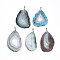 Dyed Natural Druzy Agate Slice Big Pendants, Teardrop Charms with Stainless Steel Snap On Bails, Stainless Steel Color, Light Blue, 60~75x30~50x5~6.5mm, Hole: 5x3.5mm