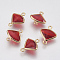 Glass Links connectors, with Brass Findings, Faceted Fan, Nickel Free, Real 18K Gold Plated, Red, 12.5x10x3mm, Hole: 1mm