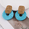 Rectangle with Flat Round Alloy Raffia Dangle Stud Earrings, Deep Sky Blue, 60mm