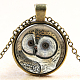 Owl Pattern Flat Round Glass Pendant Necklaces NJEW-N0051-055E-01-1