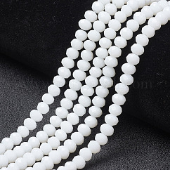 Cuentas opacas de color sólido cuentas de vidrio, facetados, rerondana plana, blanco, 8x6mm, agujero: 1 mm, aproximamente 63~65 pcs / cadena, 39~40 cm