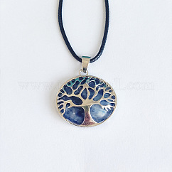 Colliers pendentif arbre de vie en alliage pavé de sodalite naturelle, colliers en cordon noir pour femmes, platine
