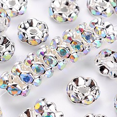 Grado de latón un Diamante de imitación entrepieza de abalorios, borde ondulado, rerondana plana, sin níquel, plata, crystal ab, 8x3.8mm, agujero: 1.5 mm