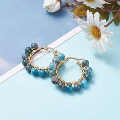 女性のための丸い天然アパタイトワイヤーラップビッグフープピアス  ゴールドカラー  32.5~33.5x36.5~37.5x6.3mm  ピン：0.7x0.9mm&nbsp;EJEW-TA00048-04