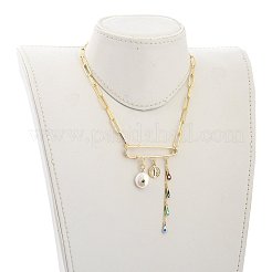ナザールボンジュウ真鍮エナメルペンダントネックレス  キュービックジルコニア付き  天然パール  304ステンレススチールトグル留め具と厚紙箱  聖者ベネディクトメダルのフラットラウンド  濃い緑  16.3インチ（41.5cm）&nbsp;NJEW-JN03053-01