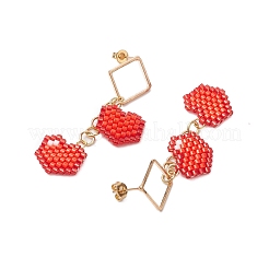 Orecchini a bottone a forma di cuore con perline di vetro fatte a mano&nbsp;EJEW-MZ00279-01
