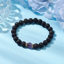 天然アメジストと溶岩の丸いビーズのストレッチブレスレット、女性用  真鍮製のラインストーンブレスレット  内径：2-1/8インチ（5.5cm）&nbsp;BJEW-JB10797-01