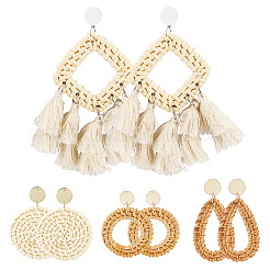 4 пара сережек-гвоздиков из ротанга в 4 стилях EJEW-SP0001-16C