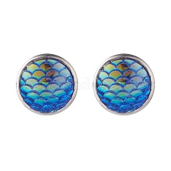 マーメイドスケールフラットラウンドスタッドピアス  女性のための真鍮のアクセサリー  ミックスカラー  15.5x13.5mm  ピン：0.7mm&nbsp;EJEW-JE04798