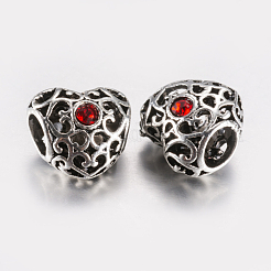 チベット風合金ラインストーンヨーロピアンビーズ  大穴ビーズ  ハート  アンティークシルバー  レッド  12x12.5x10mm  穴：5mm&nbsp;PALLOY-F200-06F