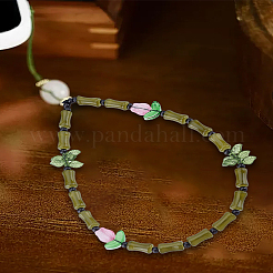 手作りランプワーク＆アクリルビーズモバイルアクセサリーデコレーション1個  竹の棒と花  オリーブドラブ  190mm&nbsp;HJEW-LP0001-54