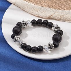 Эластичный браслет из натурального дерева и стекла с круглыми бусинами&nbsp;BJEW-JB09697