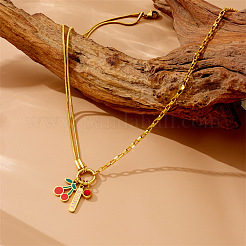 Двухслойное ожерелье с подвеской из нержавеющей стали 304 с красной эмалью и вишней NJEW-B132-02G