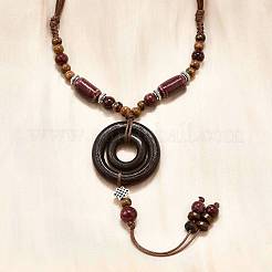 Этнический стиль сплав и фарфор керамические бусины и деревянные кольца подвеска кисточка и ожерелья NJEW-D308-02