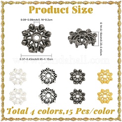 4色合金ビーズキャップ60個  花  ミックスカラー  9.5~11.5x3.5~4.5mm  穴：1.6~2mm  15個/カラー&nbsp;FIND-YW0011-83