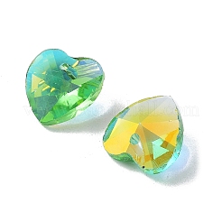 電気メッキガラスチャーム  ABカラーメッキ  多面カットハート  ライム  10x10x5~5.5mm  穴：1~1.2mm&nbsp;GGLA-Z002-02A